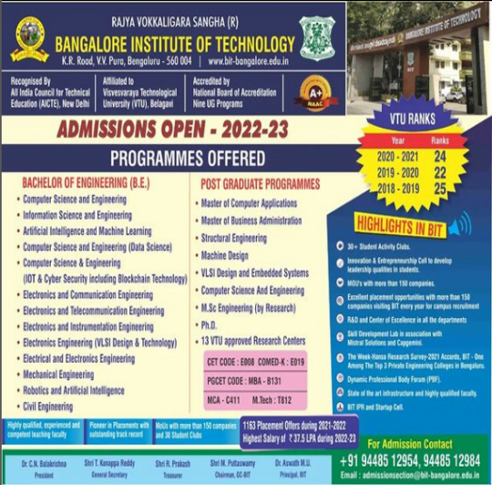 Admissions Open for AY:2022-2023, Bangalore Institute of Technology